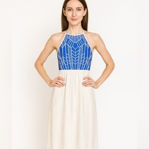 Jealous Tomato NWT Blue and White Boho Stretch Maxi Dress size Medium